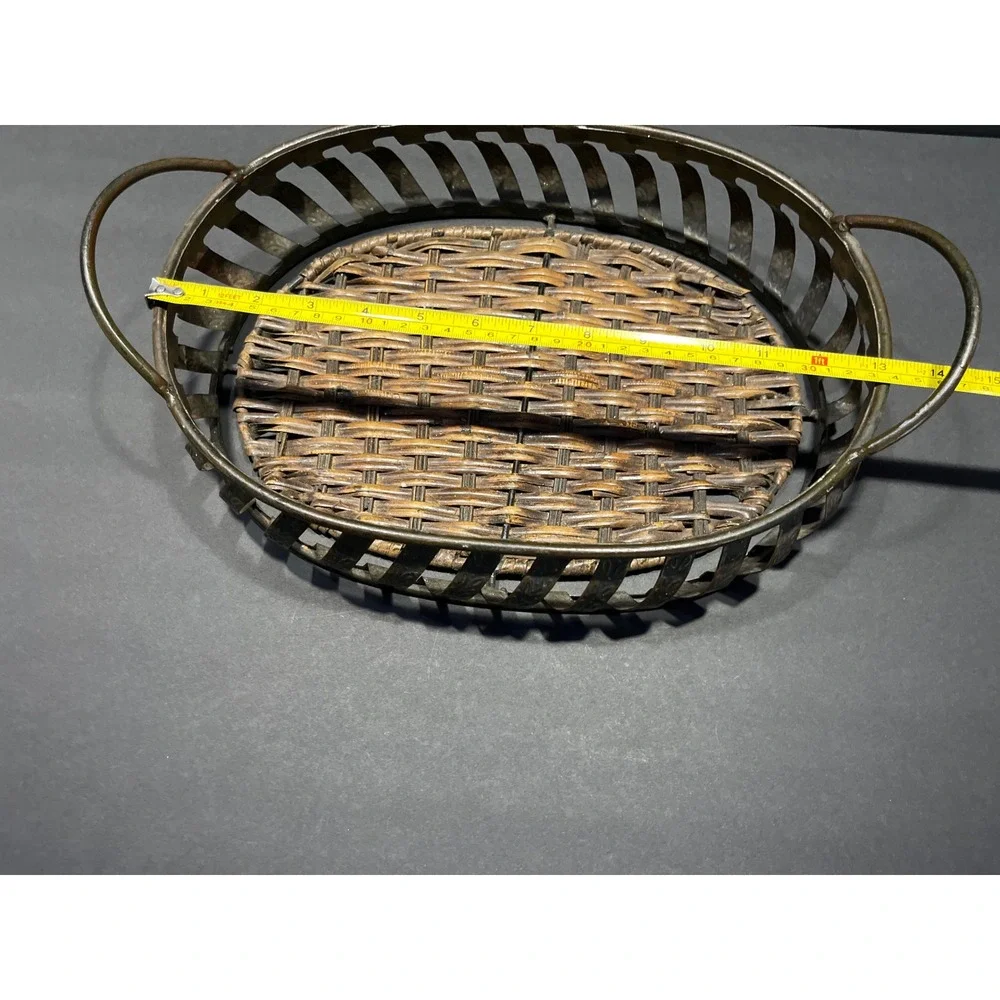 Vintage Woven Wicker and Metal Oval Serving Tray with Handles Rustic Home Decor